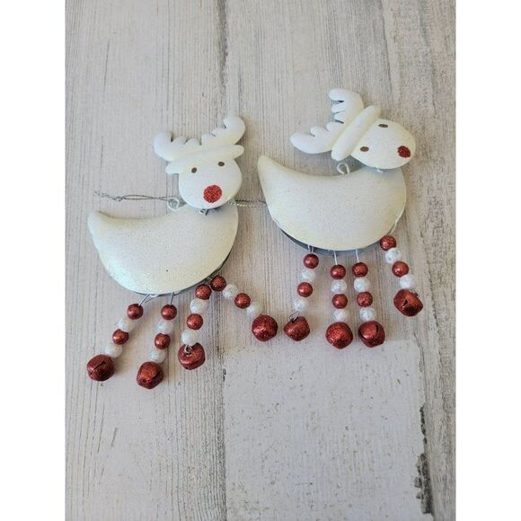 White Rudolph Red-Nosed Reindeer dangle feet Bell set glitter ornament Xmas - Picture 1 of 7